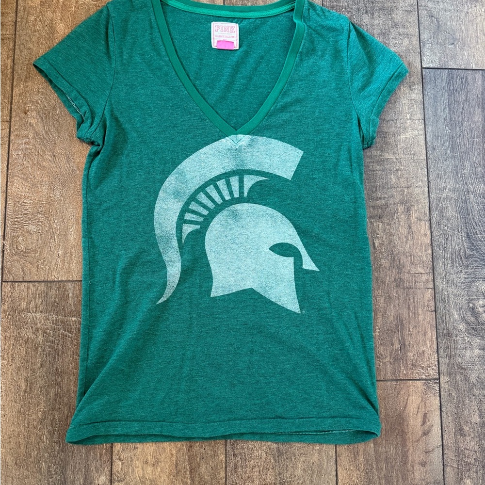 Victoria Secret Green V-Neck Spartan Logo Tee